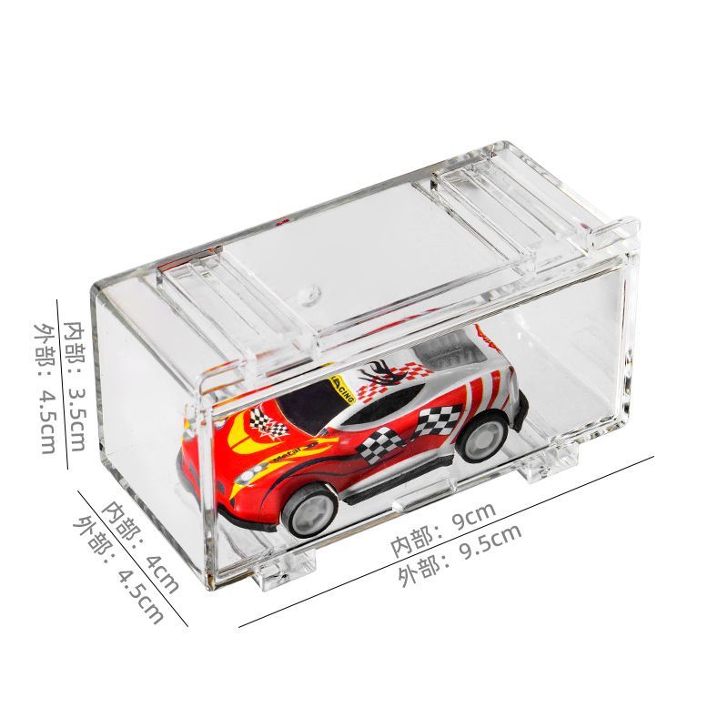 Clear acrylic display case with a red toy car inside, showing dimensions on a white background.
