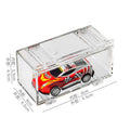 Clear acrylic display case with a red toy car inside, showing dimensions on a white background.