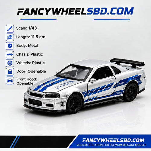 1:43 Nissan Skyline GT-R R34 Silver & Blue Racing Edition Diecast (No Box, Not Licensed)