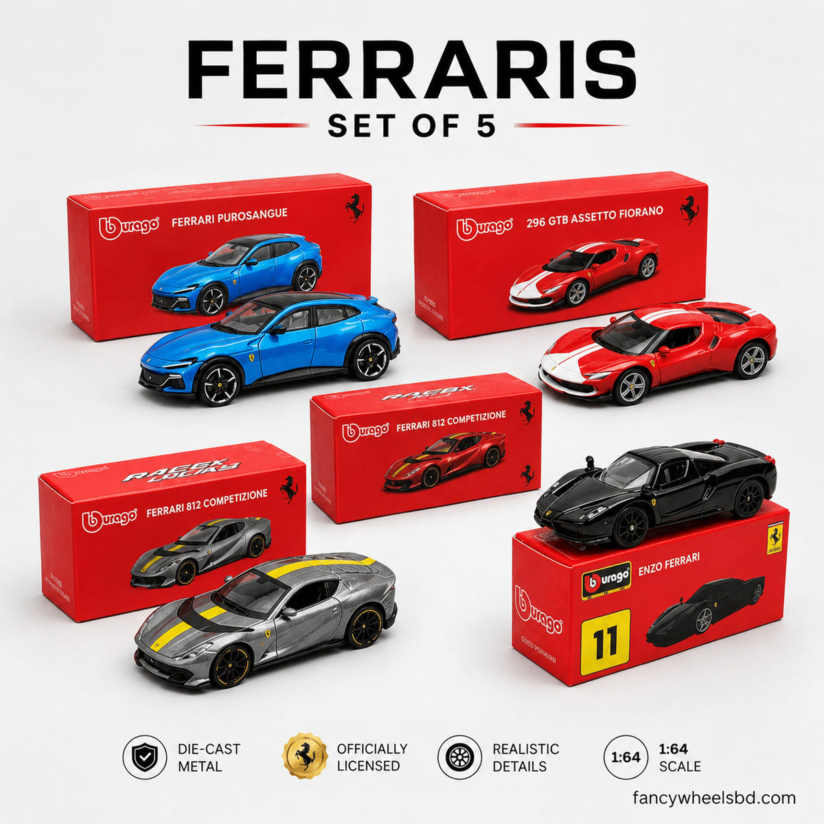 1:64 Bburago Ferraris - Set of 5 - Official Licensed with Ferrari Purosangue, 296 GTB Assetto Fiorano, Ferrari 812 in 2 colors and Enzo Ferrari at FancyWheels Bangladesh