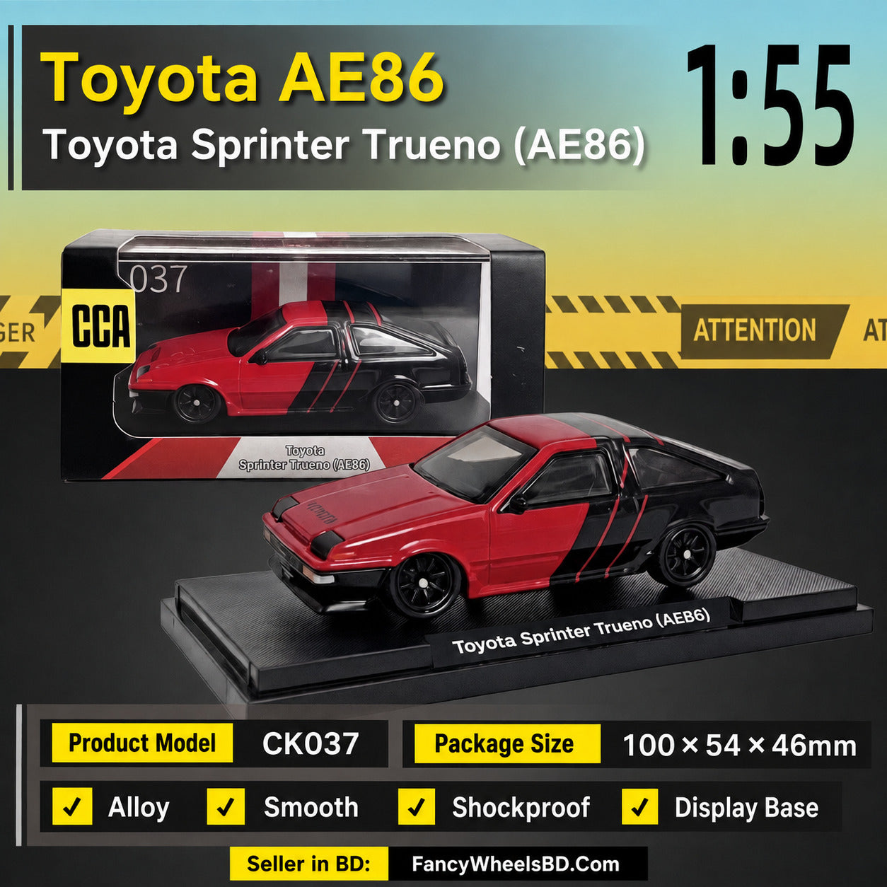 CCA 1:64 Toyota Sprinter Trueno AE86 Diecast Model with Acrylic Display Box (Red/Black) FancyWheels BD