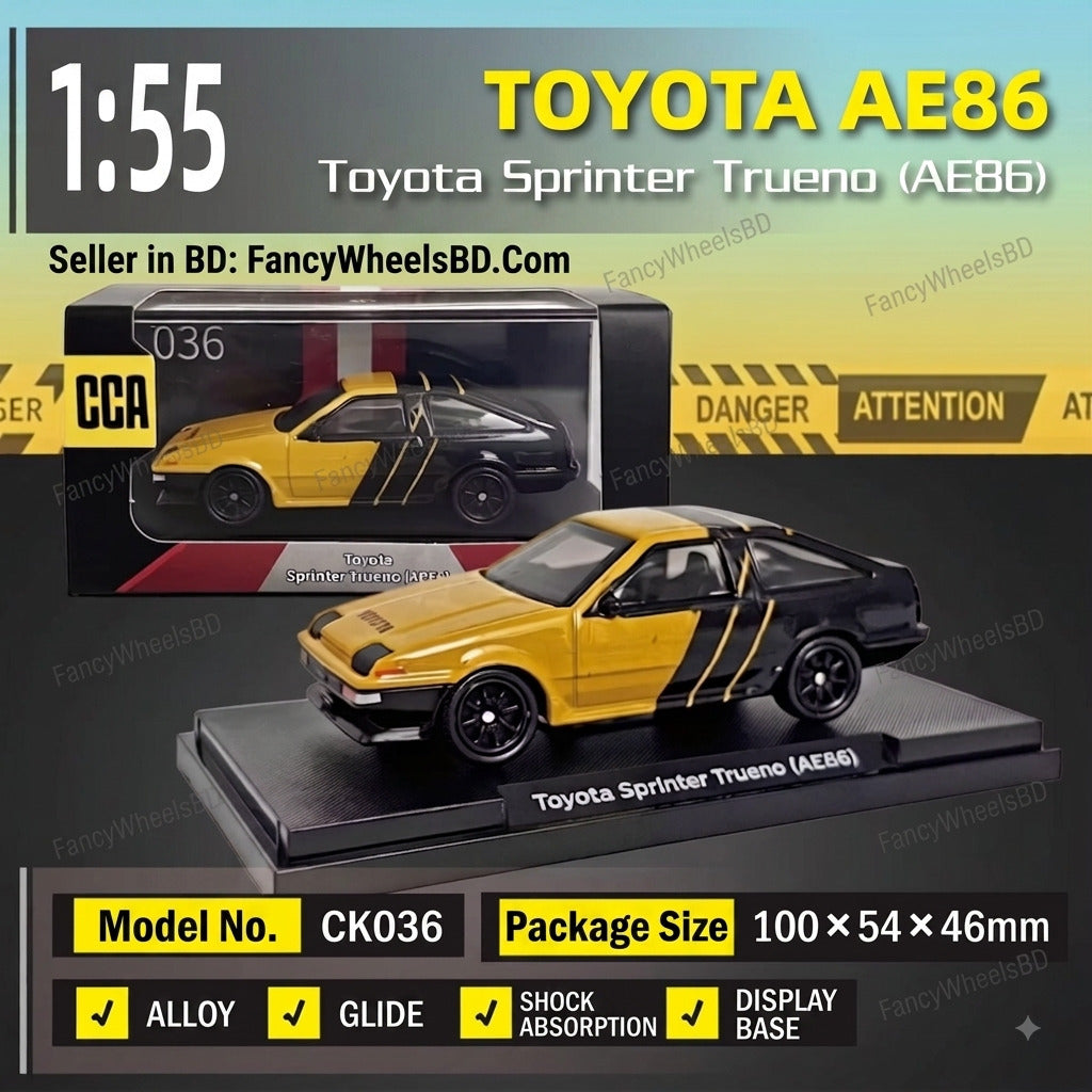 CCA 1:64 Toyota Sprinter Trueno AE86 Diecast Model with Acrylic Display Box (Yellow/Black)