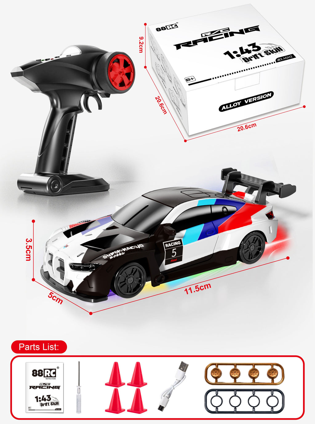 RC Racing toy car set with remote control, packaging, and dimensions displayed.