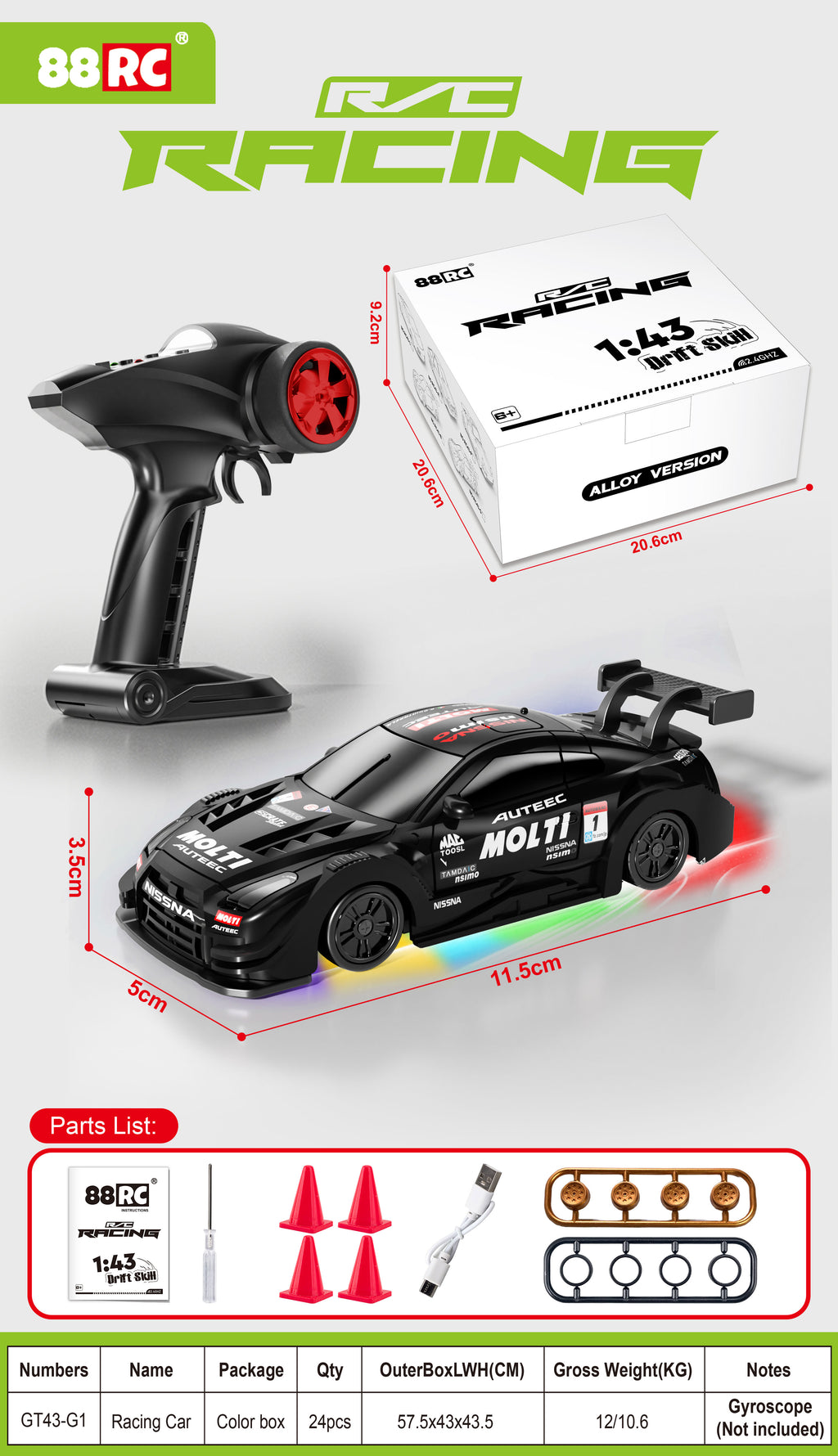 1:43 Scale Alloy 4WD Metal Premium Drift Car With Accessories