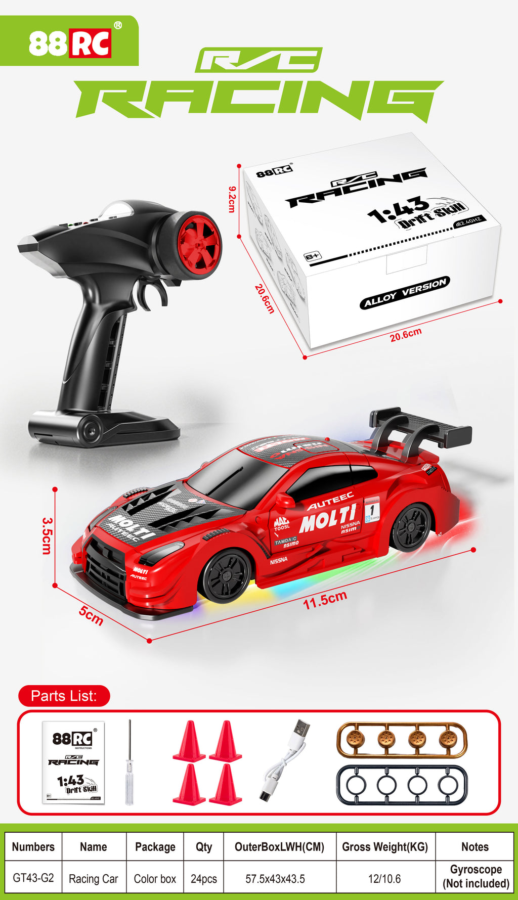 1:43 Scale Alloy 4WD Metal Premium Drift Car With Accessories