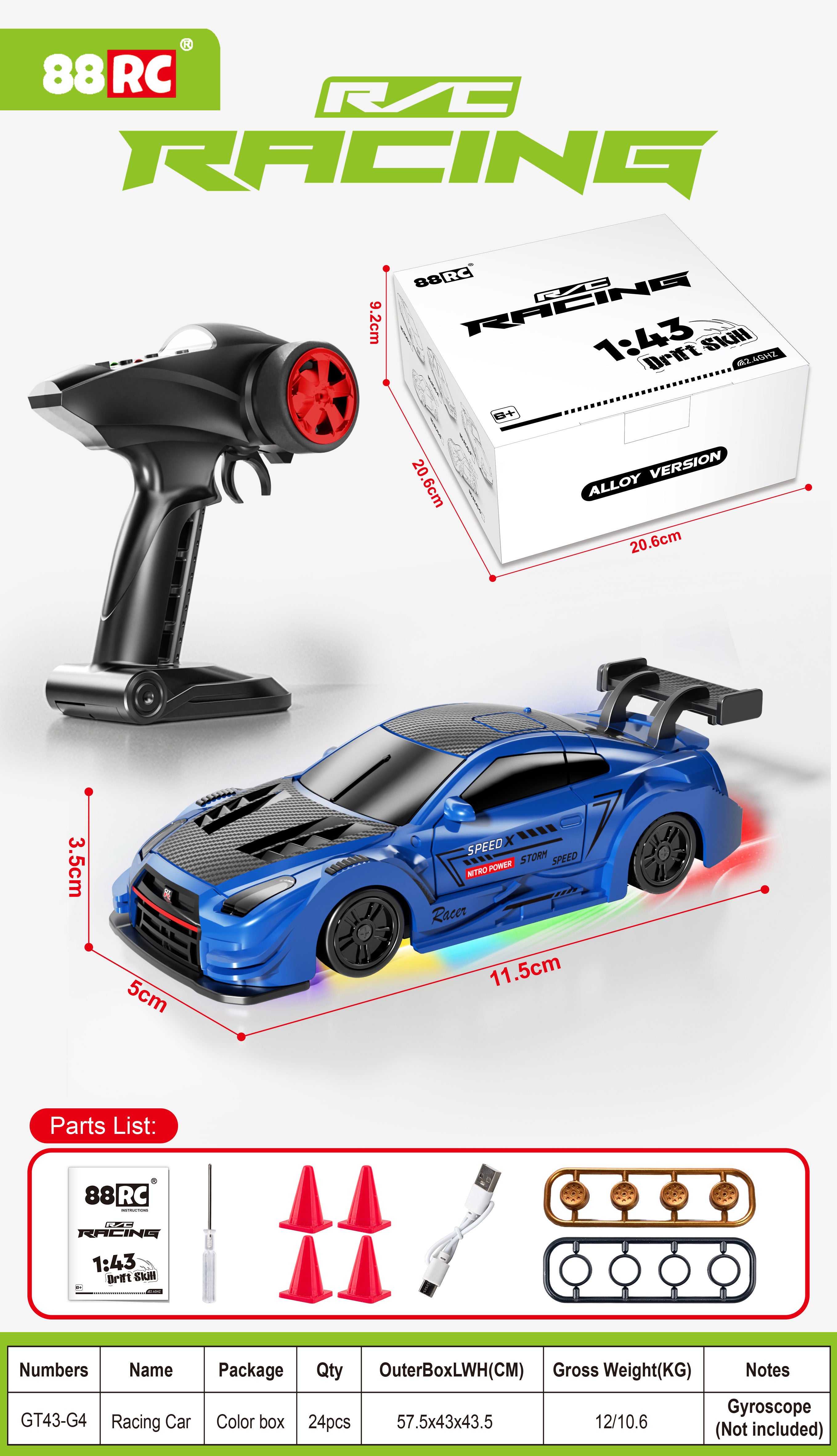 1:43 Scale Alloy 4WD Metal Premium Drift Car With Accessories