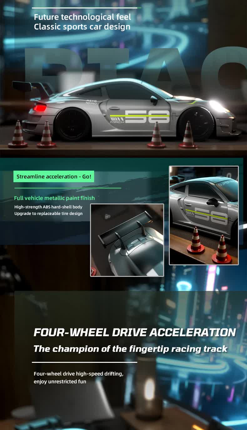 Porsche 911 GT3 RS 4WD RC Drift Car With Tires & Traffic Cones