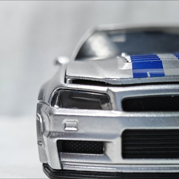 1:43 Nissan Skyline GT-R R34 Silver & Blue Racing Edition Diecast (No Box, Not Licensed)