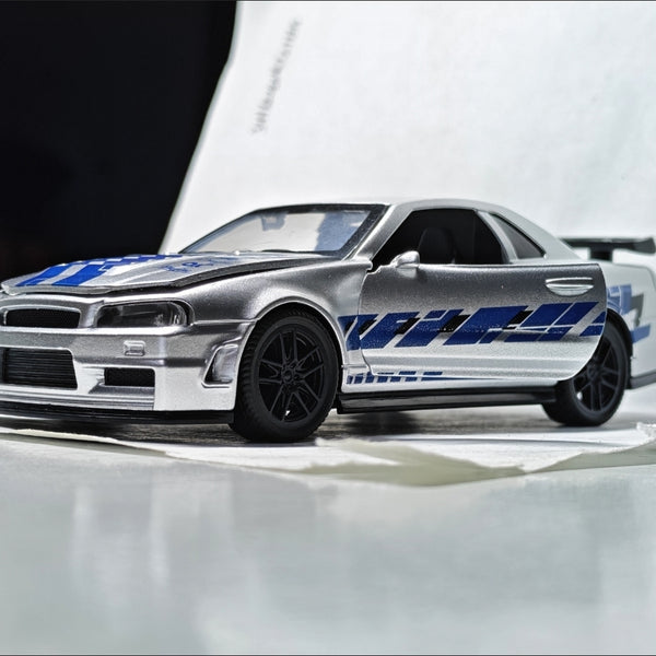 1:43 Nissan Skyline GT-R R34 Silver & Blue Racing Edition Diecast (No Box, Not Licensed)