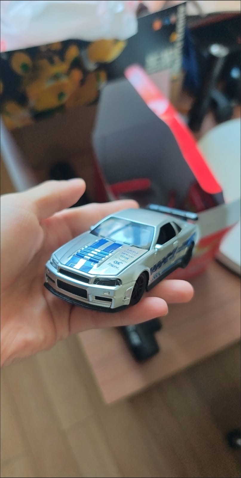 1:43 Nissan Skyline GT-R R34 Silver & Blue Racing Edition Diecast (No Box, Not Licensed) - Real photo 3