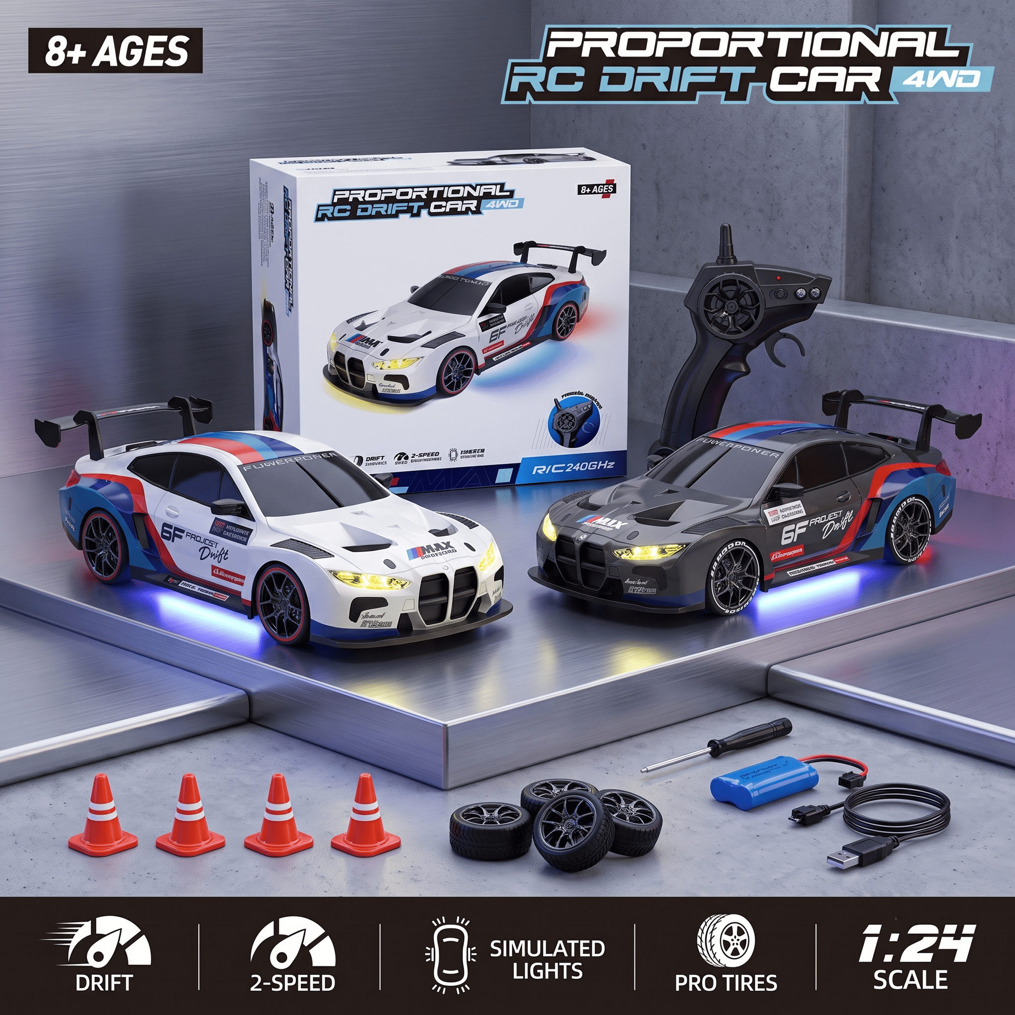 BMW M4 4WD RC Drift Car With Tires & Traffic Cones