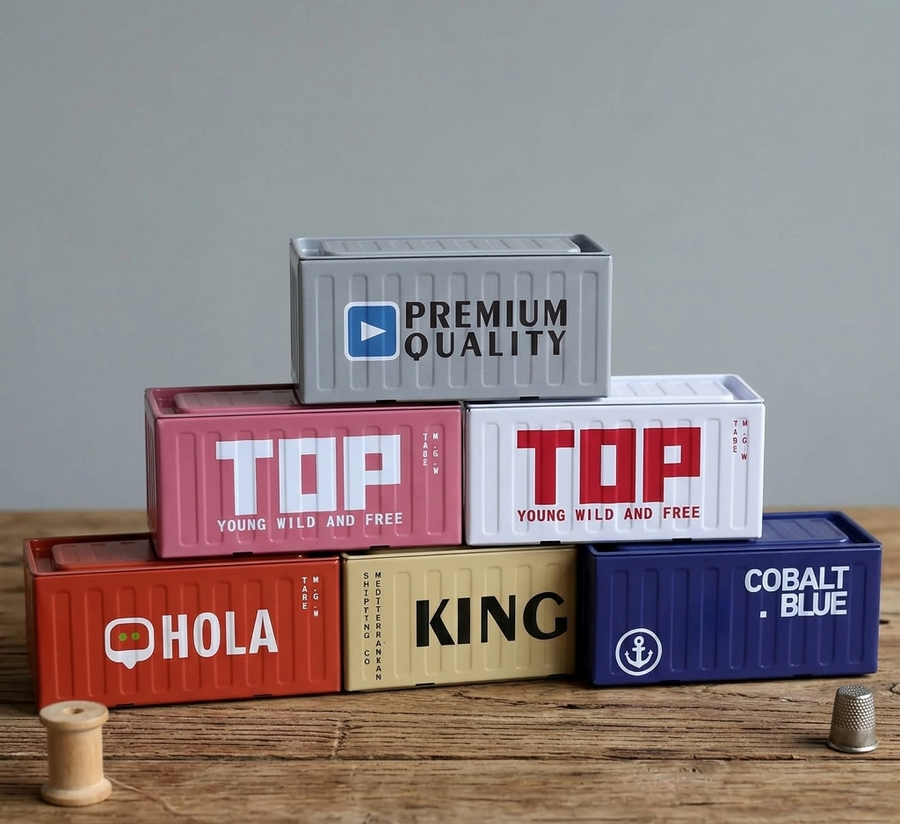 Stack of colorful shipping container models with text on a wooden surface