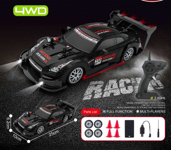 Black GTR R35 4WD RC Drift Car With Tires & Traffic Cones