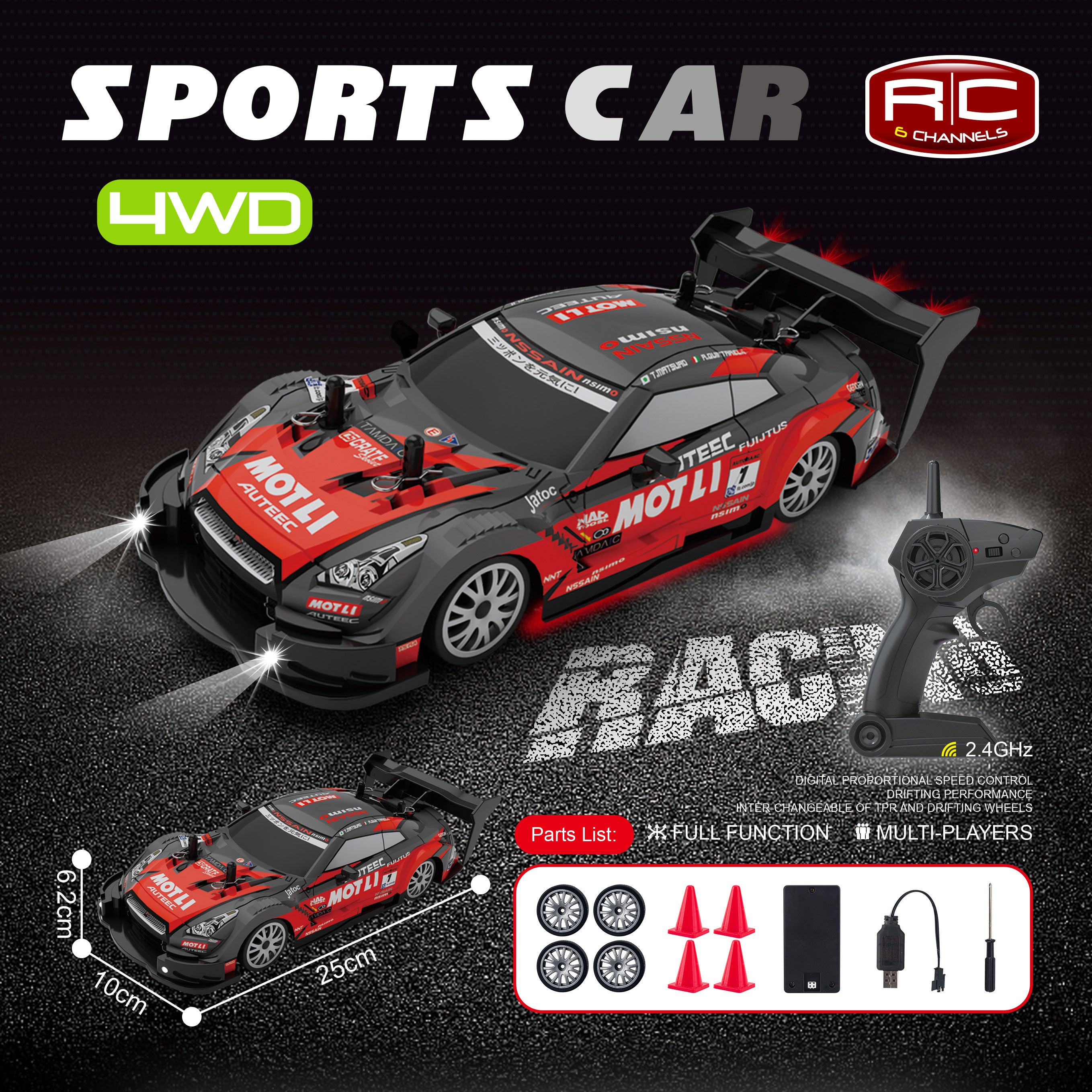 GTR R35 4WD RC Drift Car With Tires & Traffic Cones