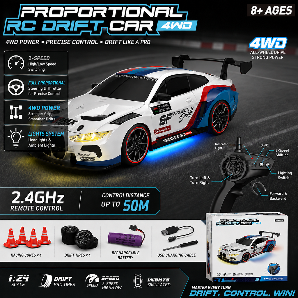 BMW M4 4WD RC Drift Car With Tires & Traffic Cones