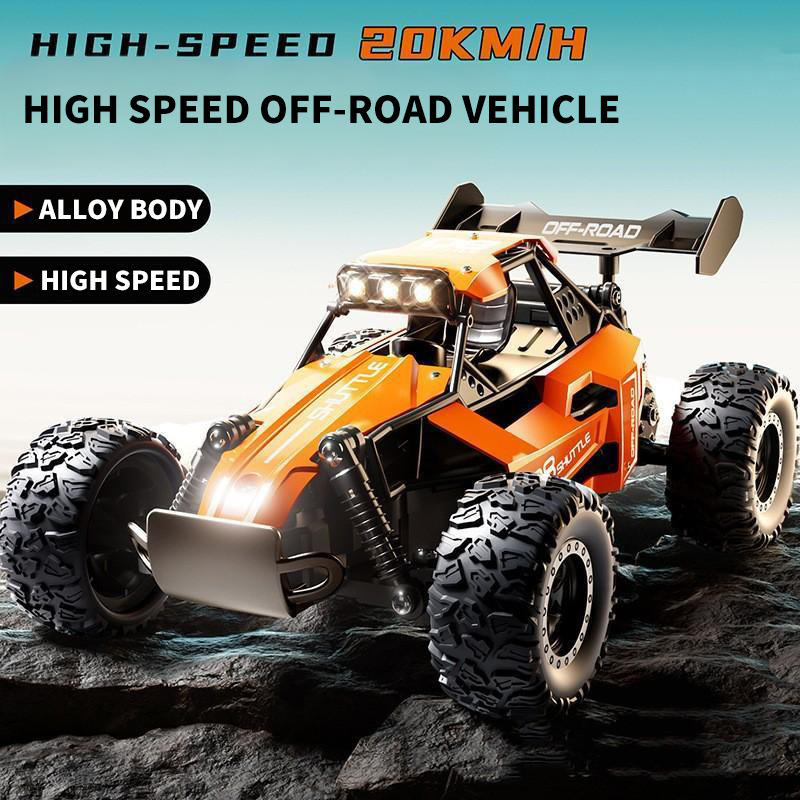 1/16 scale metal body RC car front angle view, off road tires