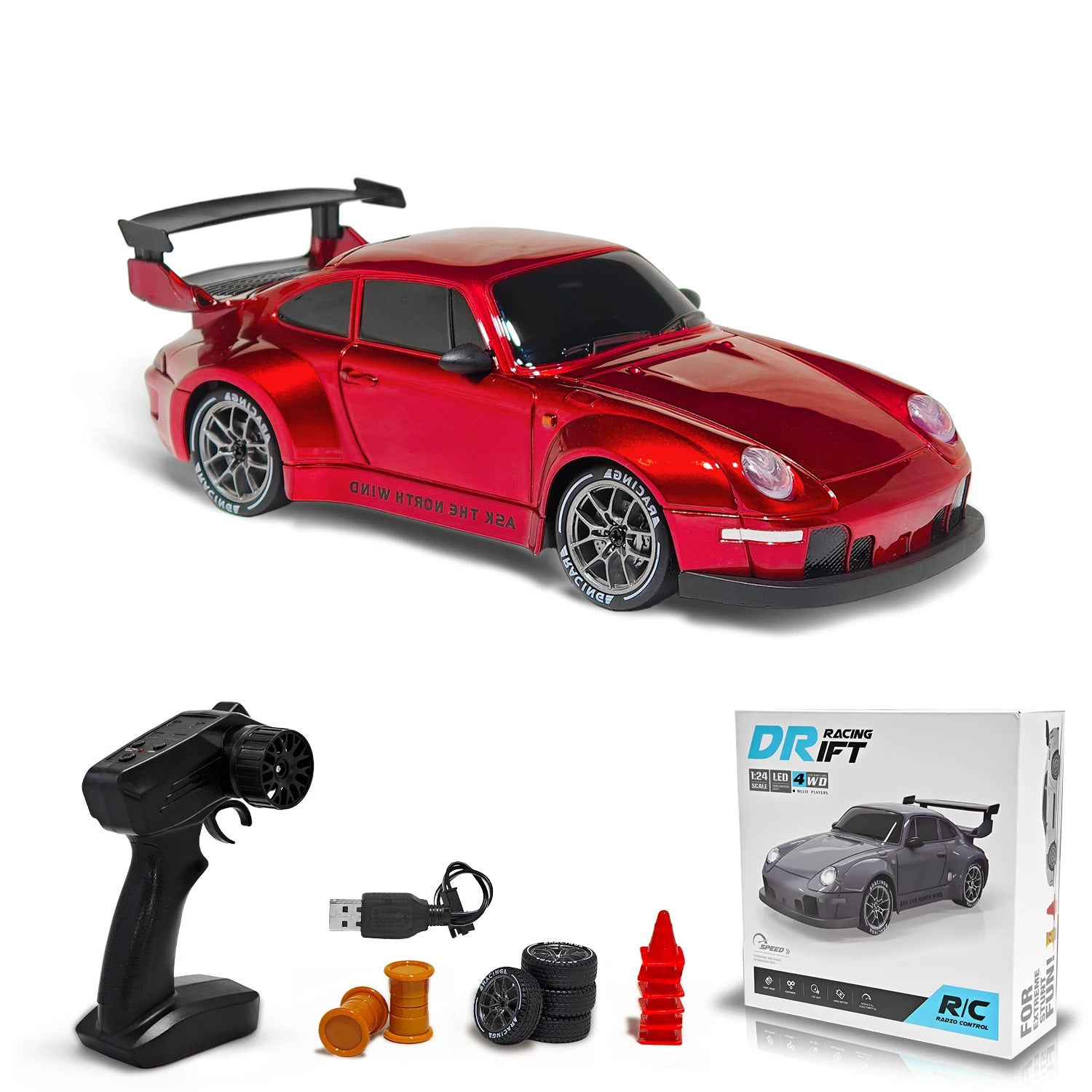 Porsche 993 911 RWB 4WD RC Drift Car With Tires & Traffic Cones